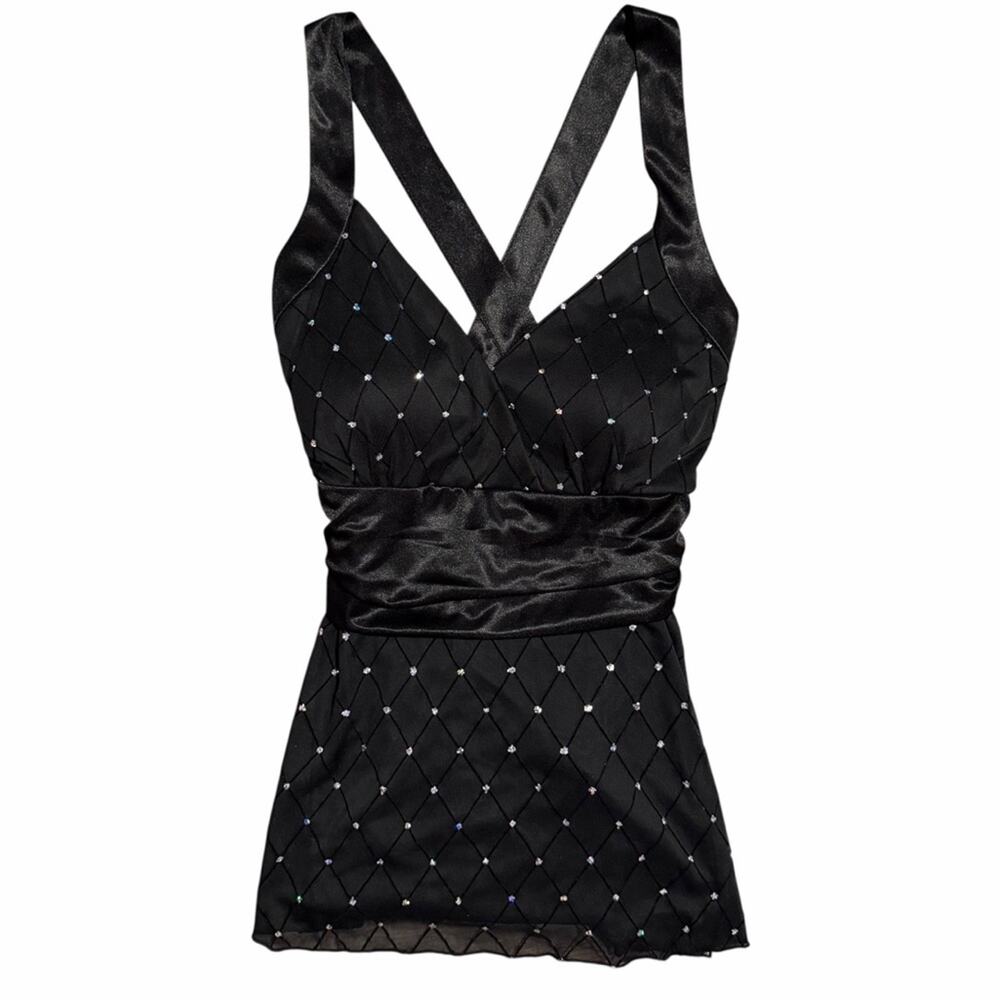 Y2K Black Rhinestone Satin Babydoll Top Size 10P McBling Whimsygoth Vibes